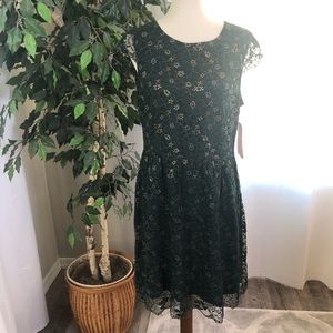 Gianni Bini 12 Dress Green Gold Floral Lace Skater